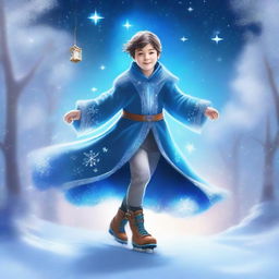 A young sorcerer skating on magical ice, leaving a trail of sparkling frost behind