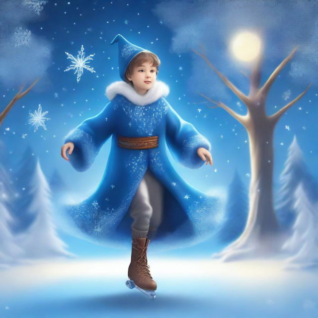 A young sorcerer skating on magical ice, leaving a trail of sparkling frost behind