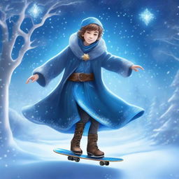 A young sorcerer skating on magical ice, leaving a trail of sparkling frost behind