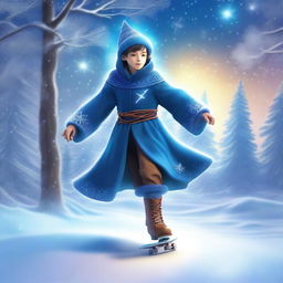 A young sorcerer skating on magical ice, leaving a trail of sparkling frost behind