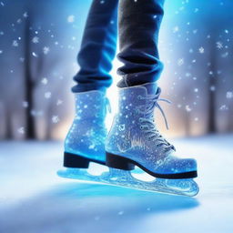 The feet of a young sorcerer skating on magical ice, leaving a trail of sparkling frost behind