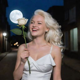 A young Pomba Gira with platinum blonde hair and blue eyes, holding a Leque (fan) in her hand, and a white rose tucked behind her ear. She's walking down a dark street, laughing at the moon.