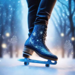 The feet of a young sorcerer skating on magical ice, leaving a trail of sparkling frost behind