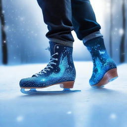 The feet of a young sorcerer skating on magical ice, leaving a trail of sparkling frost behind