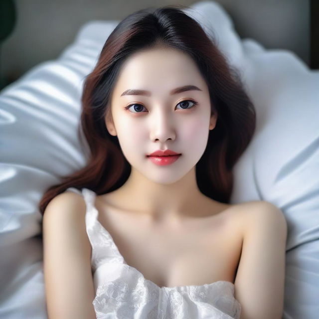 A girl lying on a bed with a beautiful face and soft legs