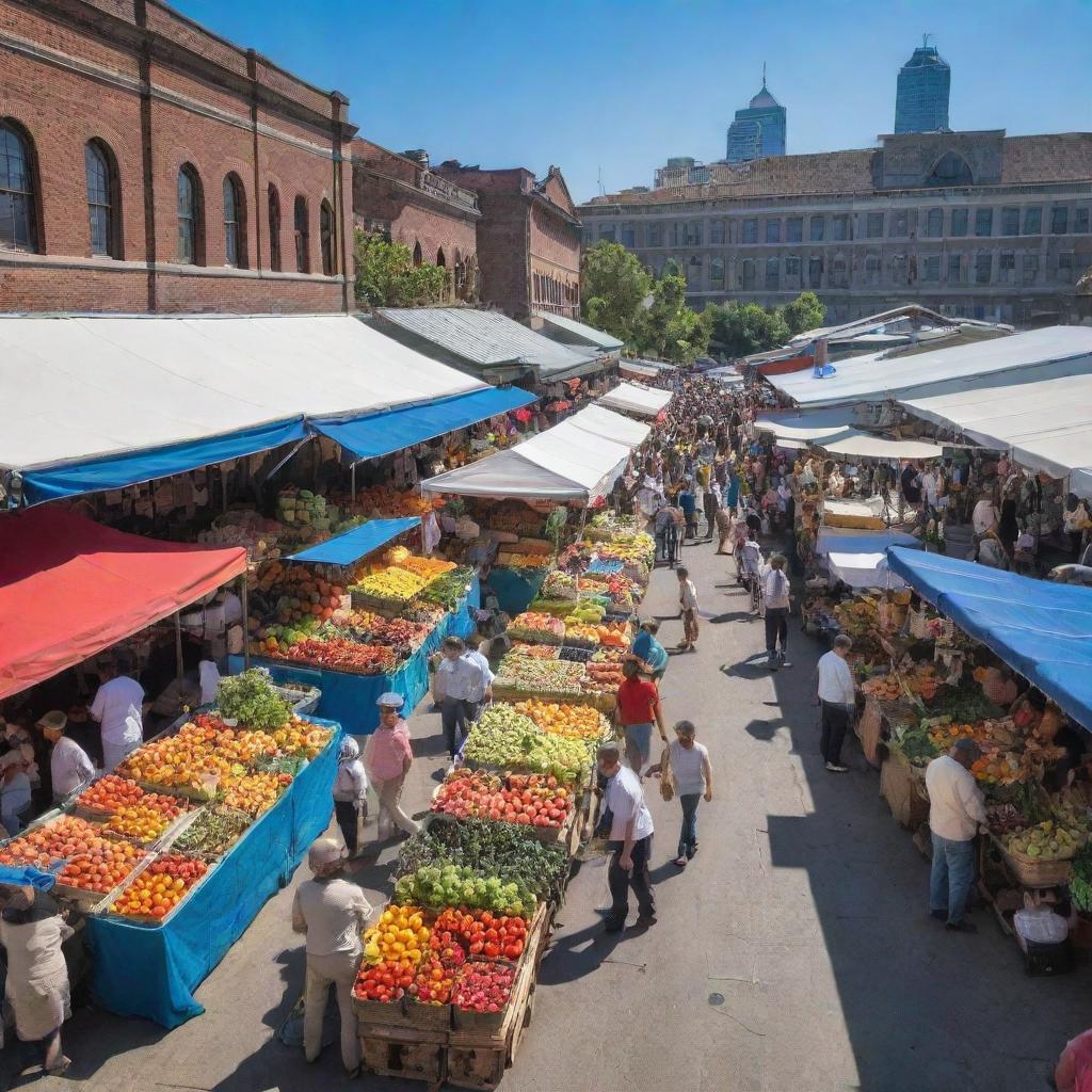 Bustling city market with colorful stalls of fresh fruits, vegetables, and local crafts under a brilliant blue sky.