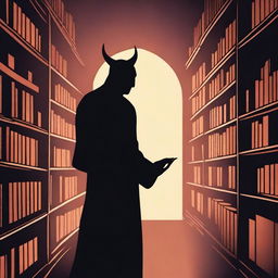 A shapeless silhouette of a devil known as the 'Devil of Whispers and Lies' in a dark, eerie library