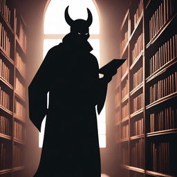 A shapeless silhouette of a devil known as the 'Devil of Whispers and Lies' in a dark, eerie library