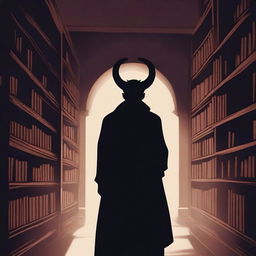 A shapeless silhouette of a devil known as the 'Devil of Whispers and Lies' in a dark, eerie library