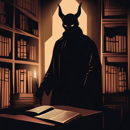 A shapeless silhouette of a devil known as the 'Devil of Whispers and Lies' in a realistic medieval, dark library at night, illuminated by dim candlelight