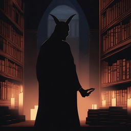 A shapeless silhouette of a devil known as the 'Devil of Whispers and Lies' in a realistic medieval, dark library at night, illuminated by dim candlelight