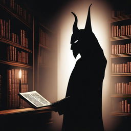 A shapeless silhouette of a devil known as the 'Devil of Whispers and Lies' in a realistic medieval, dark library at night, illuminated by dim candlelight