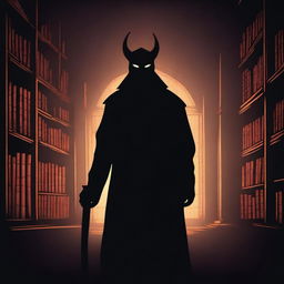 A shapeless silhouette of a devil known as the 'Devil of Whispers and Lies' in a realistic medieval, dark library at night, illuminated by dim candlelight