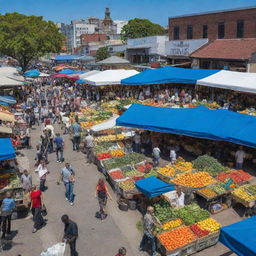 Bustling city market with colorful stalls of fresh fruits, vegetables, and local crafts under a brilliant blue sky.