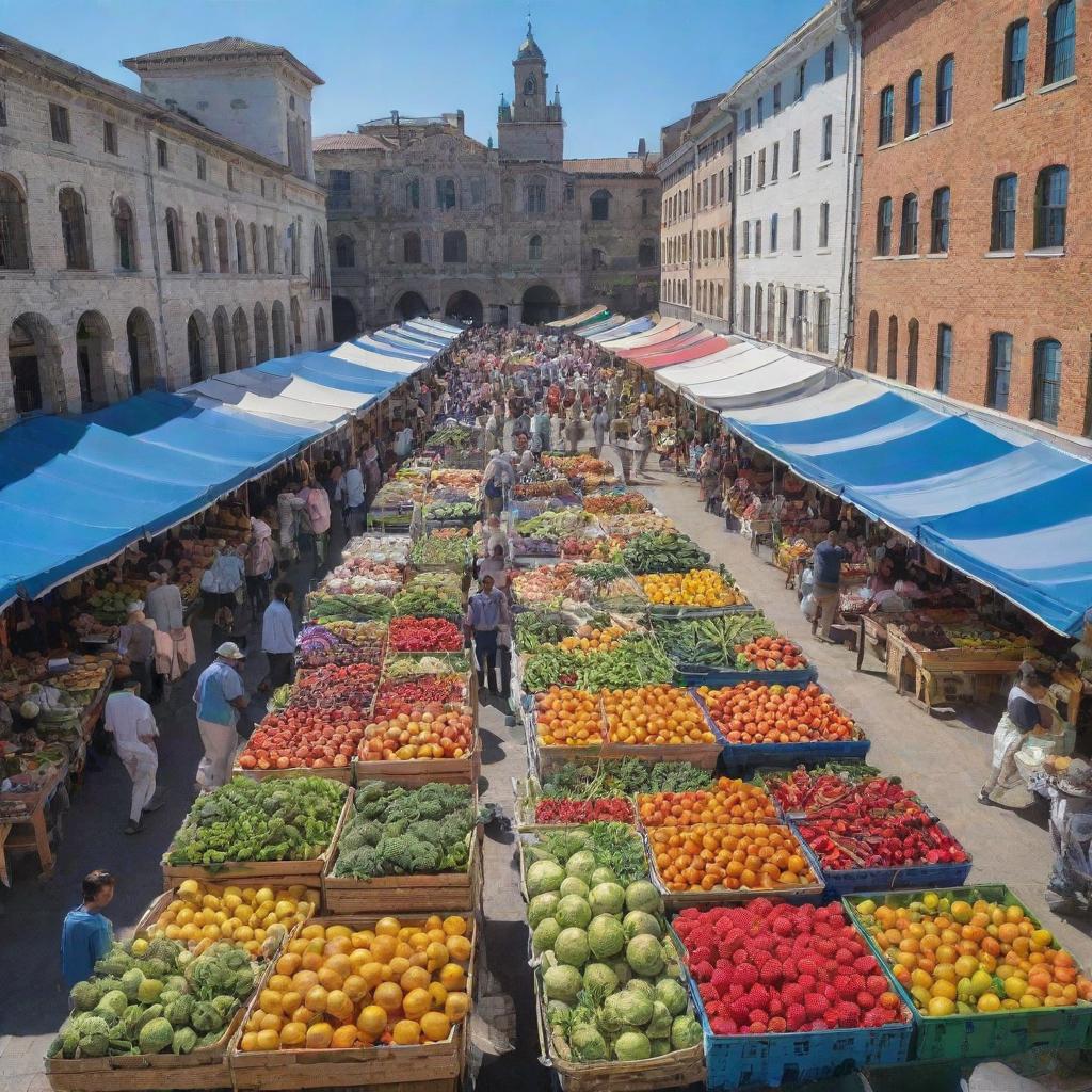 Bustling city market with colorful stalls of fresh fruits, vegetables, and local crafts under a brilliant blue sky.