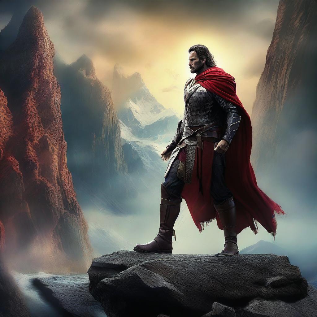 Create a captivating movie poster featuring a heroic character standing against a dramatic backdrop