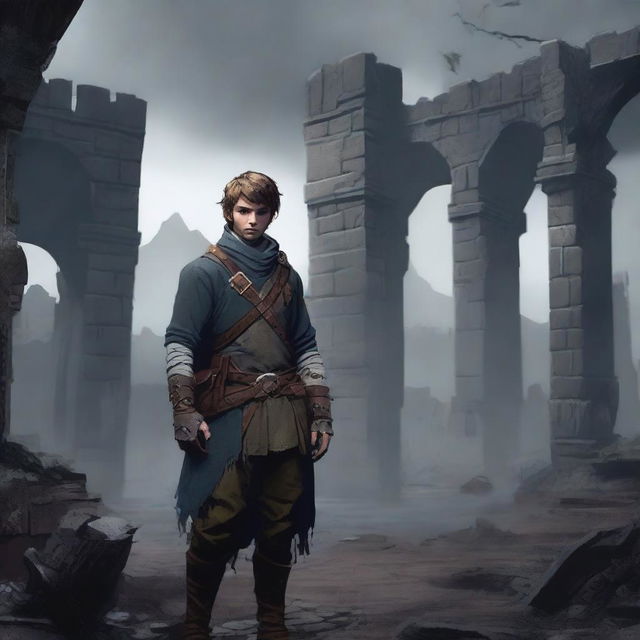 A young rebel leader standing in a cursed and ruined kingdom for a Dungeons & Dragons setting