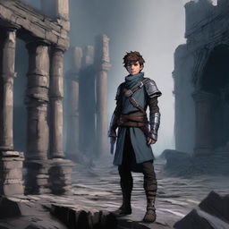 A young rebel leader standing in a cursed and ruined kingdom for a Dungeons & Dragons setting