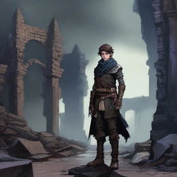 A young rebel leader standing in a cursed and ruined kingdom for a Dungeons & Dragons setting