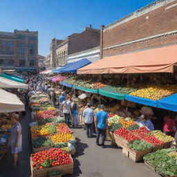 Bustling city market with colorful stalls of fresh fruits, vegetables, and local crafts under a brilliant blue sky.