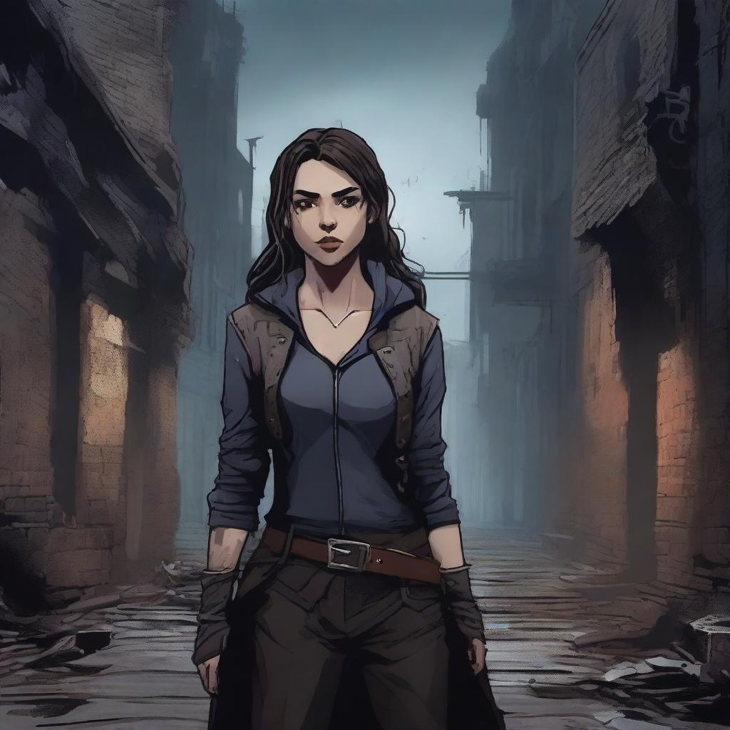 A young woman rebel leader standing in a dark alley of a cursed and ruined kingdom for a Dungeons & Dragons setting