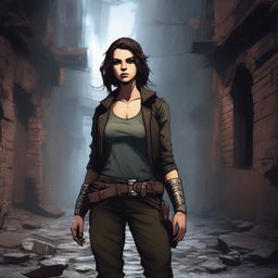 A young woman rebel leader standing in a dark alley of a cursed and ruined kingdom for a Dungeons & Dragons setting