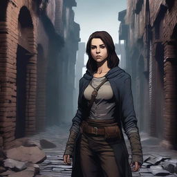 A young woman rebel leader standing in a dark alley of a cursed and ruined kingdom for a Dungeons & Dragons setting