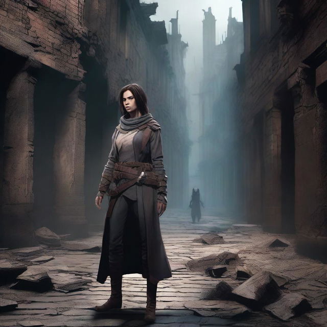 A young woman rebel leader standing in a dark alley of a cursed and ruined kingdom for a Dungeons & Dragons setting