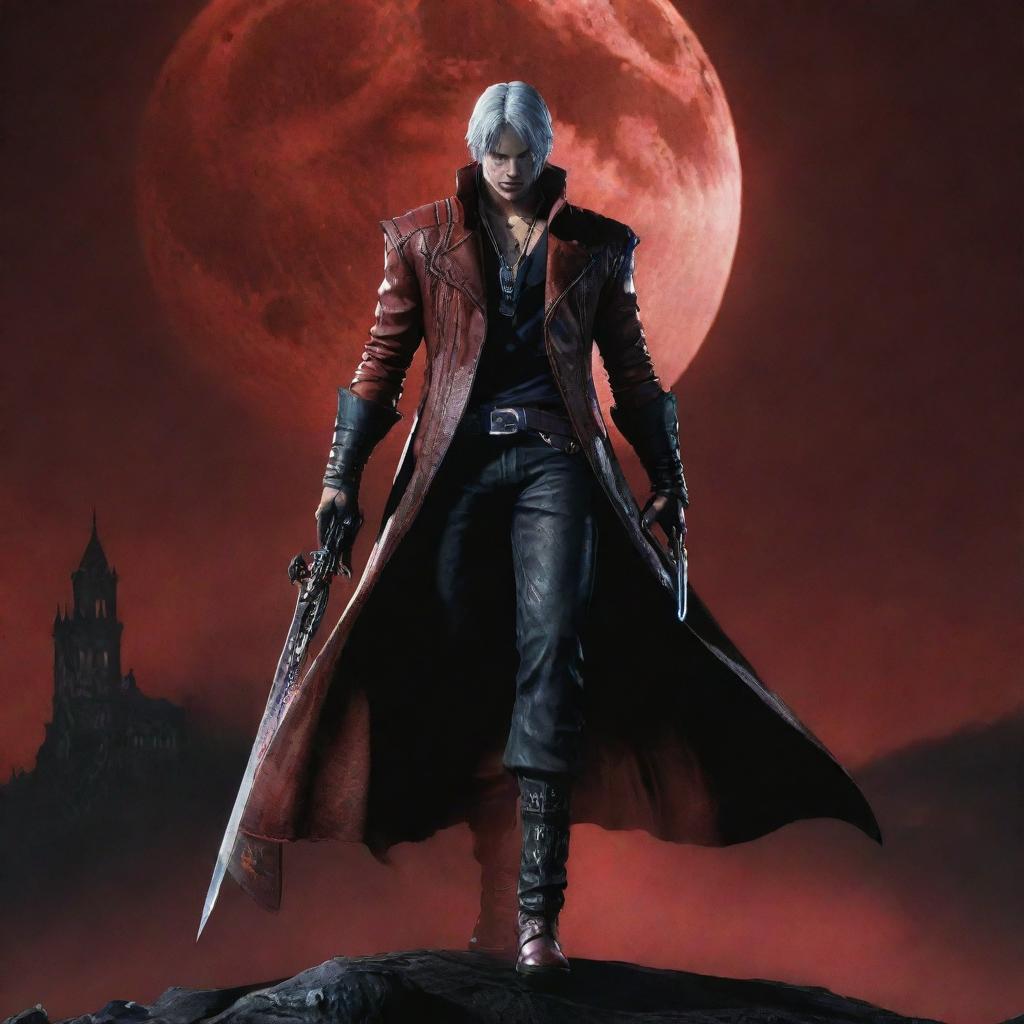 An ominous scene picturing the iconic character Dante from Devil May Cry, standing confidently with his signature weapon Rebellion under a blood moon.