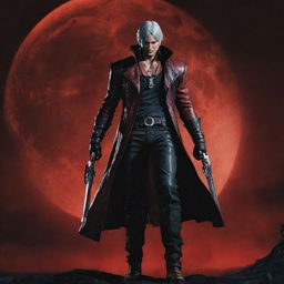 An ominous scene picturing the iconic character Dante from Devil May Cry, standing confidently with his signature weapon Rebellion under a blood moon.