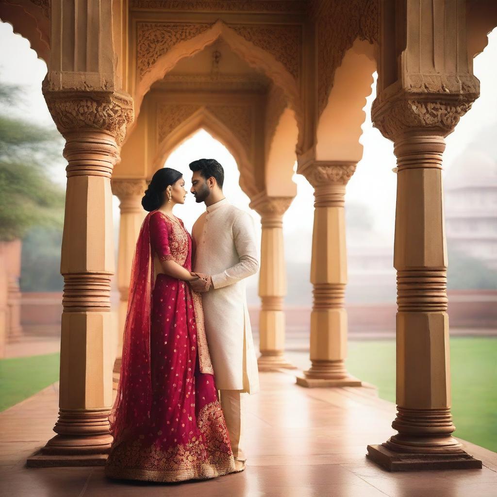 A romantic photo set in India, featuring a couple in traditional attire