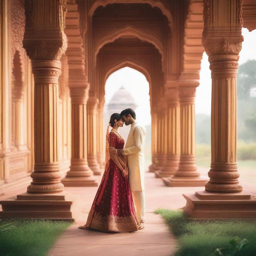 A romantic photo set in India, featuring a couple in traditional attire