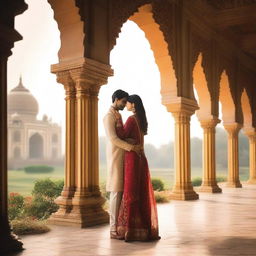 A romantic photo set in India, featuring a couple in traditional attire