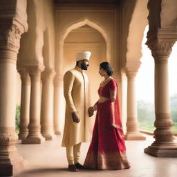 A romantic photo set in India, featuring a couple in traditional attire