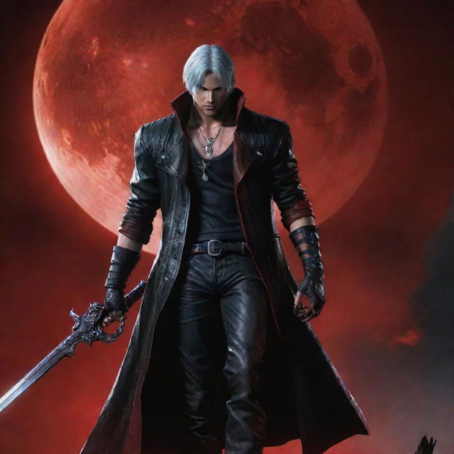 An ominous scene picturing the iconic character Dante from Devil May Cry, standing confidently with his signature weapon Rebellion under a blood moon.