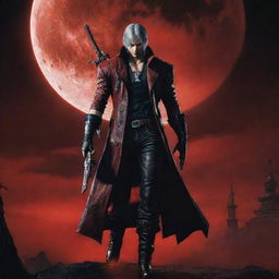 An ominous scene picturing the iconic character Dante from Devil May Cry, standing confidently with his signature weapon Rebellion under a blood moon.