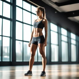 A girl standing confidently, showcasing her athletic legs