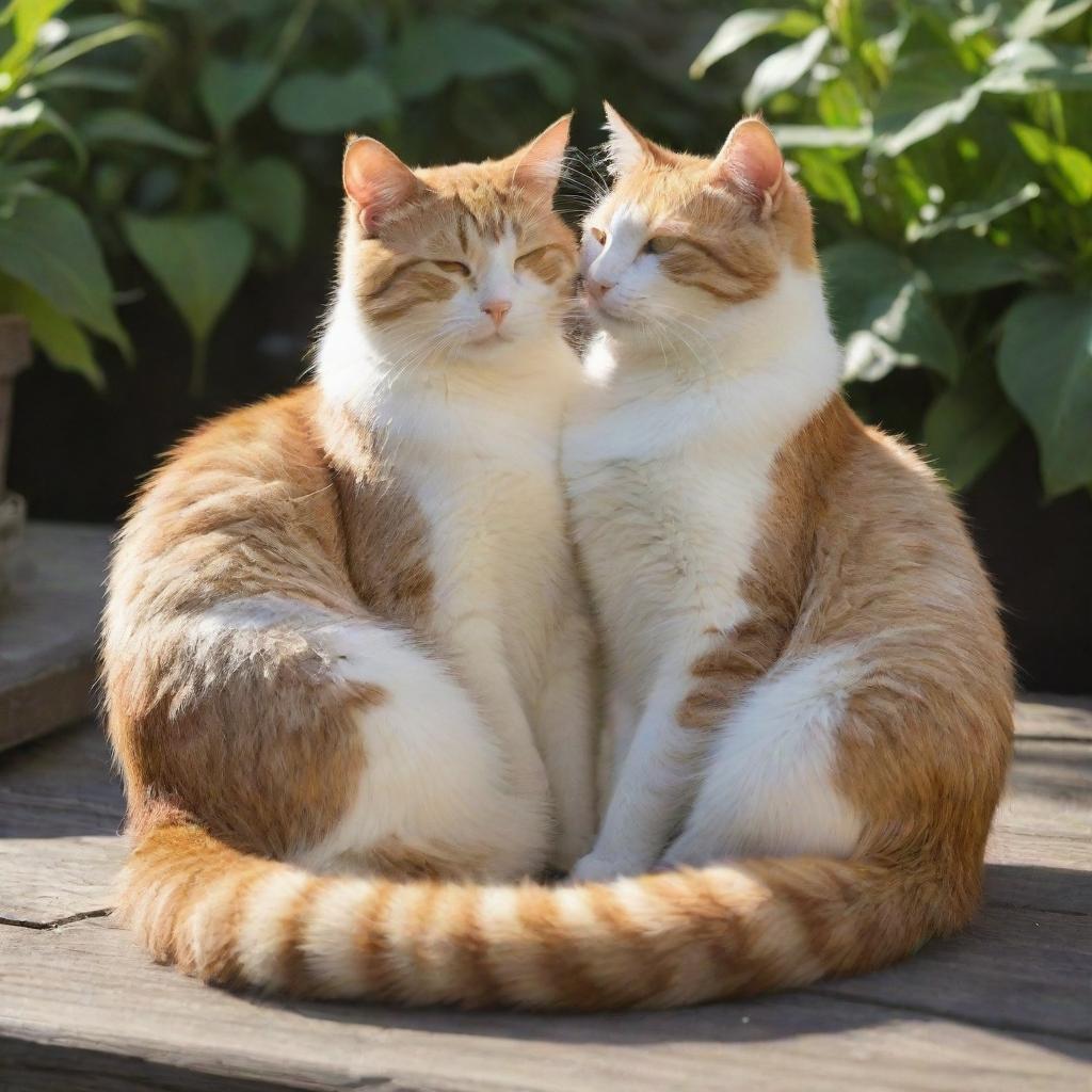 A lovely pair of cats basking in the radiant sunshine, their tails intertwined to depict a sense of shared love.