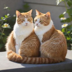 A lovely pair of cats basking in the radiant sunshine, their tails intertwined to depict a sense of shared love.