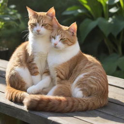 A lovely pair of cats basking in the radiant sunshine, their tails intertwined to depict a sense of shared love.