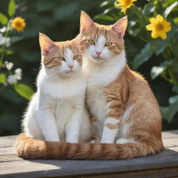 A lovely pair of cats basking in the radiant sunshine, their tails intertwined to depict a sense of shared love.