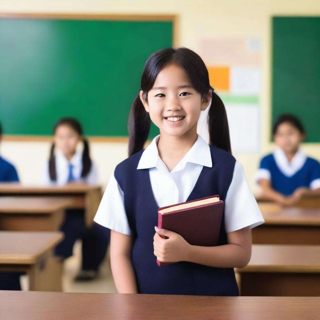 A young Asian school girl wearing a traditional school uniform, standing in a classroom setting