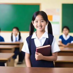 A young Asian school girl wearing a traditional school uniform, standing in a classroom setting