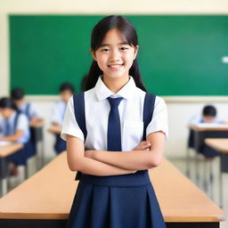 A young Asian school girl wearing a traditional school uniform, standing in a classroom setting