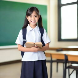 A young Asian school girl wearing a traditional school uniform, standing in a classroom setting