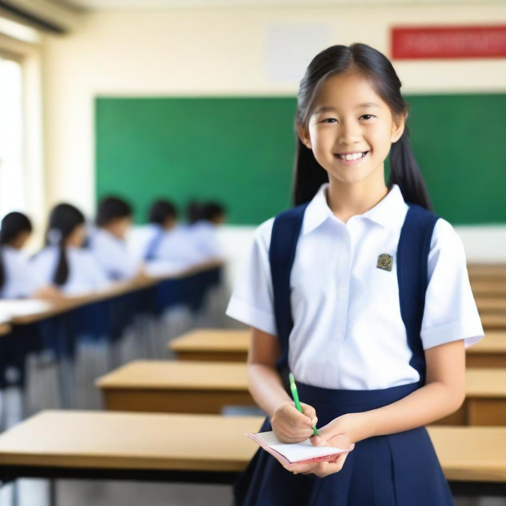 A young Asian school girl wearing a traditional school uniform, standing in a classroom setting