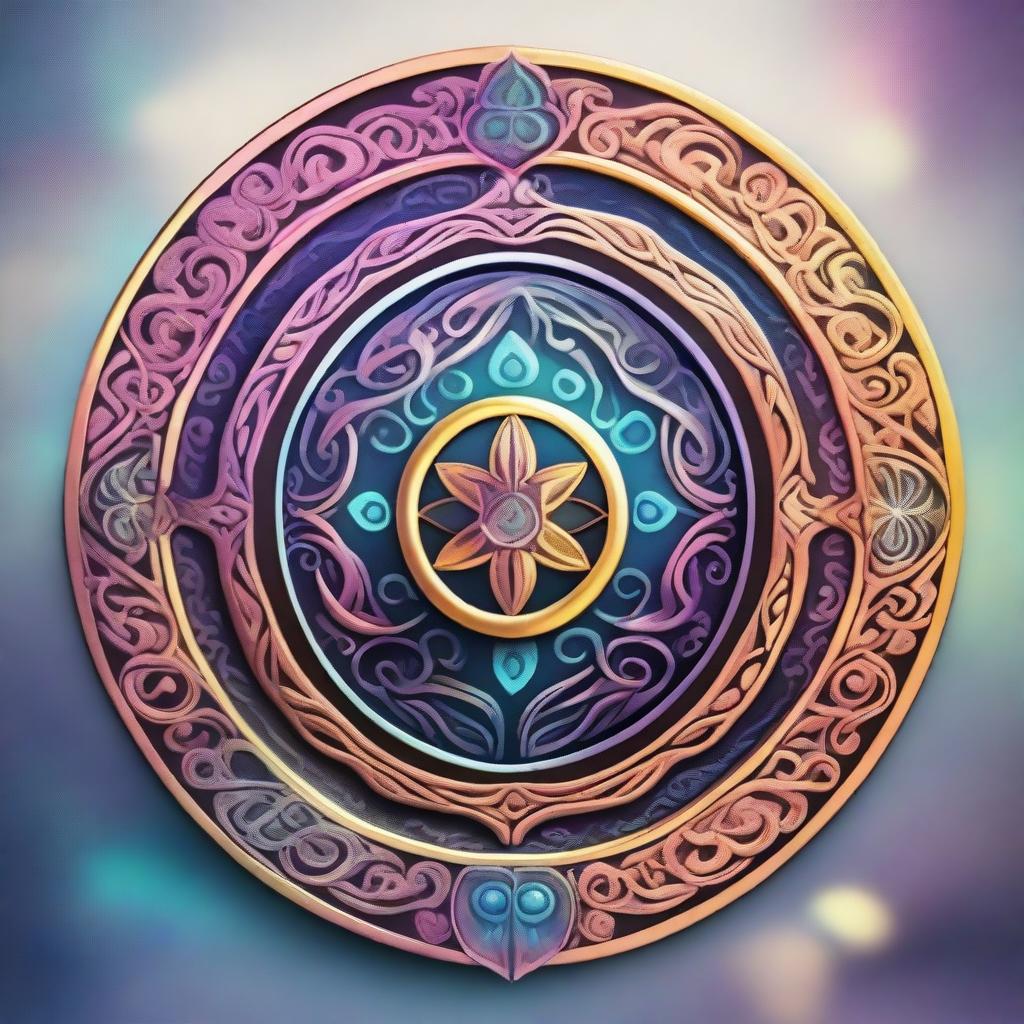 A mystical emblem set in an ethereal realm, featuring intricate designs and glowing symbols