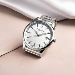 A stainless steel wristwatch with a stainless steel strap, featuring an elegant and sophisticated design