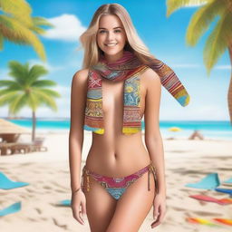 A stylish bikini made from scarf-like material, featuring vibrant patterns and colors