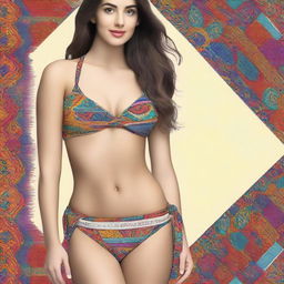 A stylish bikini made from Indian-styled scarf material, featuring intricate patterns and vibrant colors typical of Indian textiles